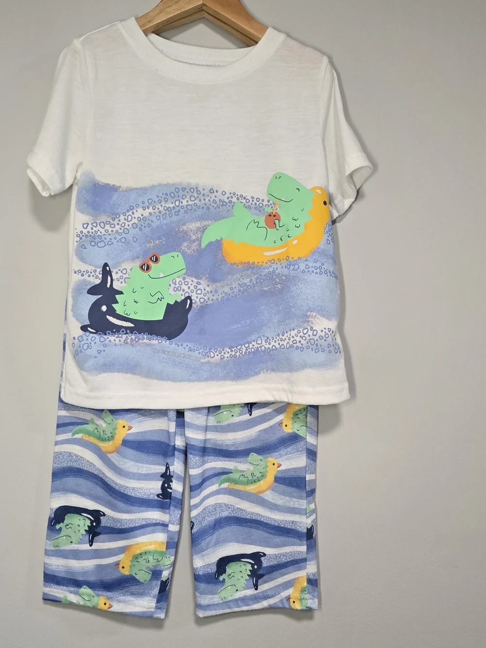 Carter's White Tee & Blue Stripe Dinosaur Float Pajama Set
